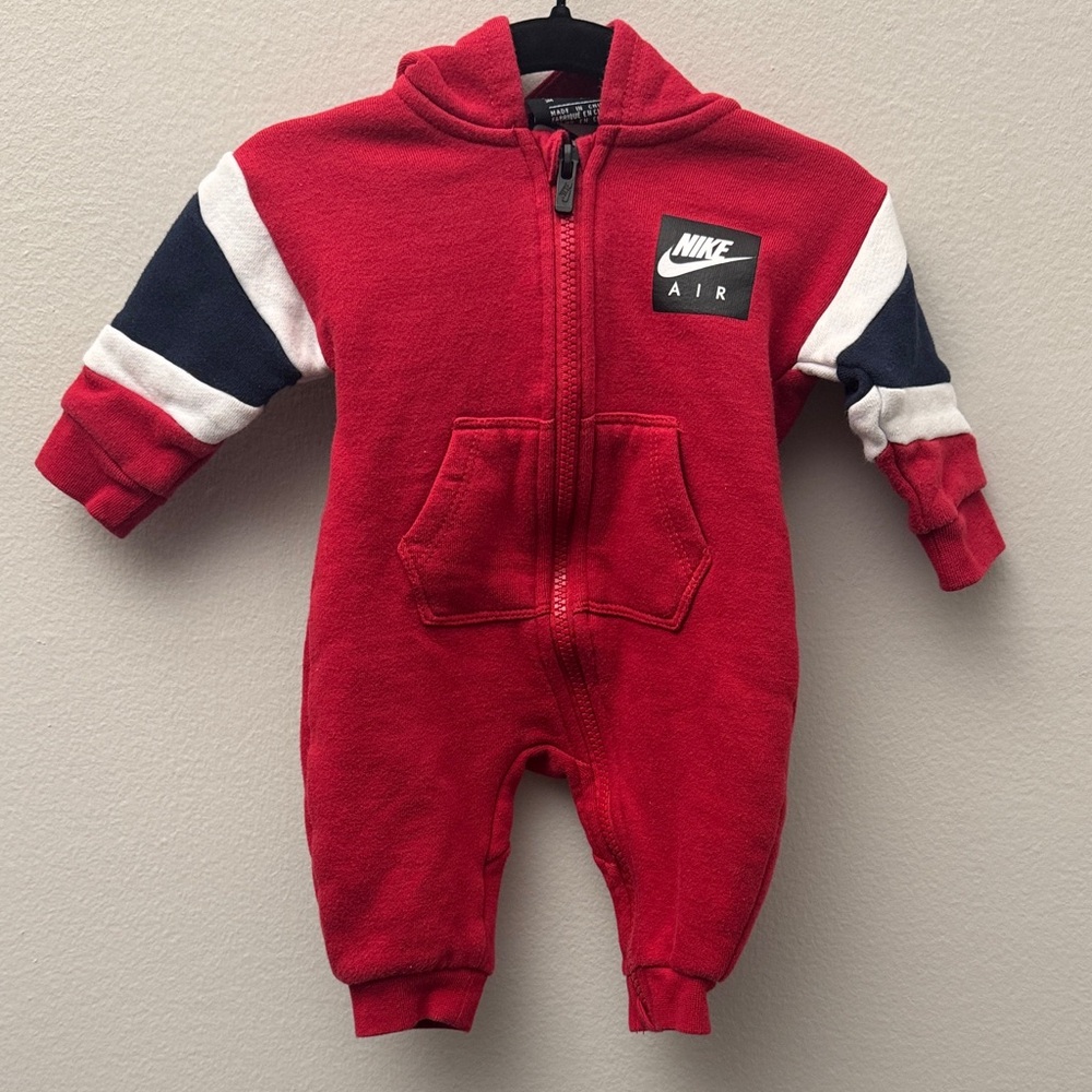 Nike Red Hooded Baby One-Piece with Navy & White Accents